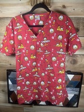 Garfield Women's Scrub Top M Red Patterned V-Neck Short Sleeve Pockets Tie