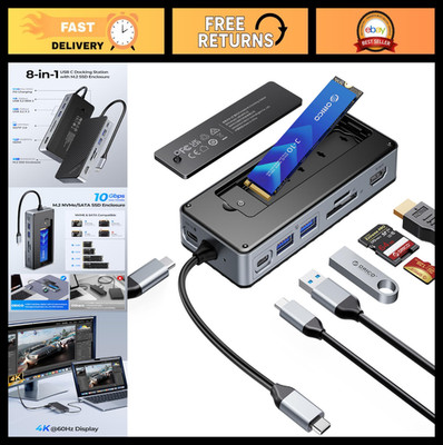 8-in-1 USB-C Hub Docking Station, M.2 SSD Enclosure, 10Gbps, 4K HDMI, 100W PD, S