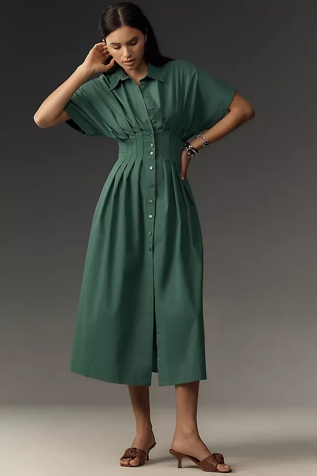 Anthropologie Exquise Tobie Button-Front Pleated Shirtdress Green