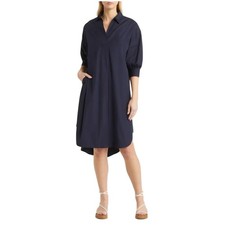 NORDSTROM Navy Blue Cotton Poplin Shirt Dress Womens XL Midi Oversized Preppy
