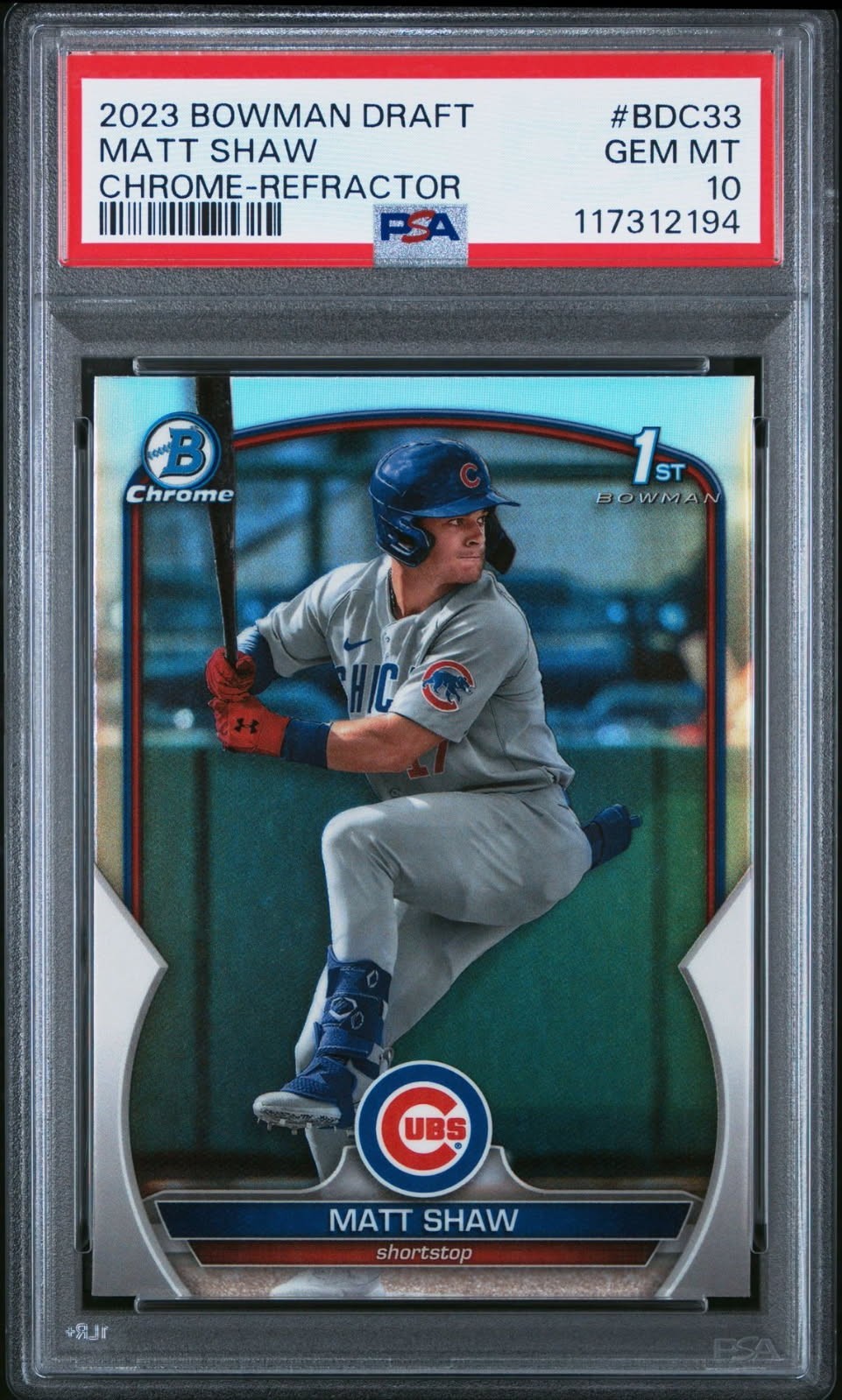 1st Refractor PSA 10 2023 Bowman Draft MATT SHAW Chrome #BDC-33 Cubs Rookie RC