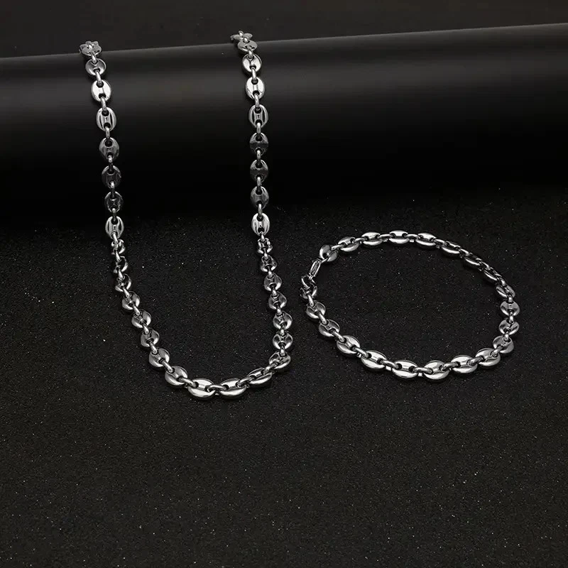 Chaine + Bracelet graine café argenté acier inoxydable 55cm et 21cm homme femme - Photo 1/3
