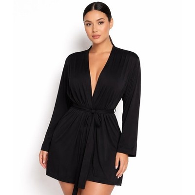 First & I  Classy Black Satin Long Sleeve Robe Size L