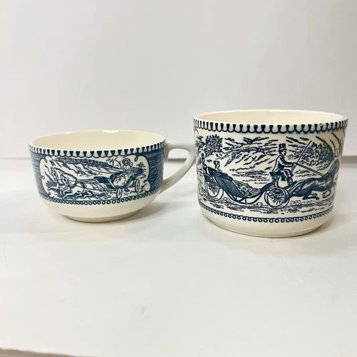 Vintage MCM Blue Transferware Soup Mugs Cups Horse Carriage Scene 50s Set of 2