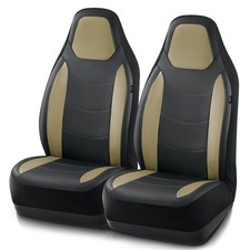 2 Front High Back Car Seat Covers Beige Faux Leather Universal Airbag Compatible