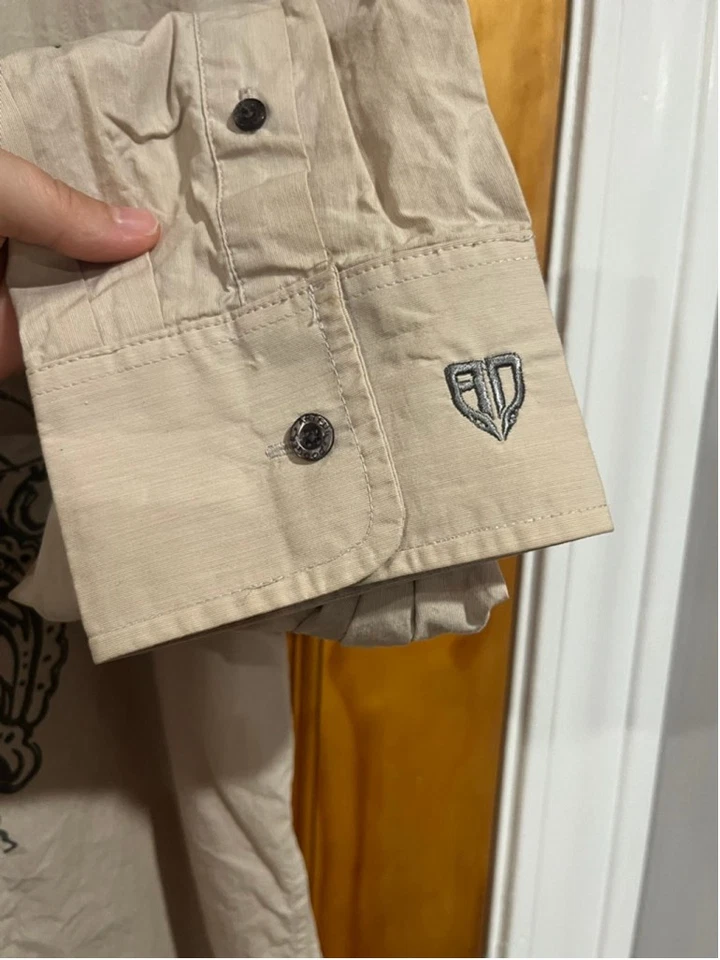 Camisa Artful Dodger Gráfica Abotonada Beige Negra Calavera Estampado Pájaro Manga Larga Foto 4 de 4