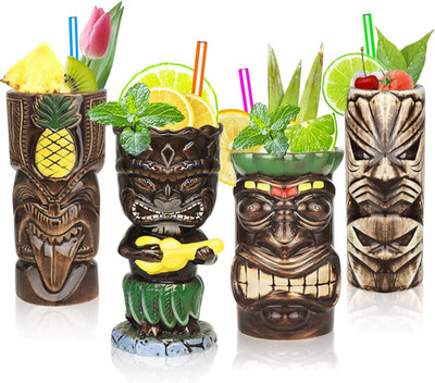 Tiki Mugs Set of 4  Ceramic Hawaiian Party Mugs Large Drinkware, Tiki Party Cups