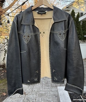 Vtg Escada Black Leather Jacket Contrast Stitching Western Style Cut Outs 44 EUC