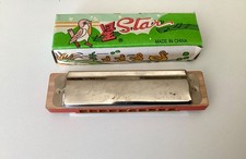 STAR Toy Harmonica Souvenir w/ Original Box Nickel Plated  Red Wood Vintage