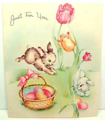 2 Images - Peep Hole - Bunnies, Easter Eggs - 1949 Vintage Easter Greeting Card