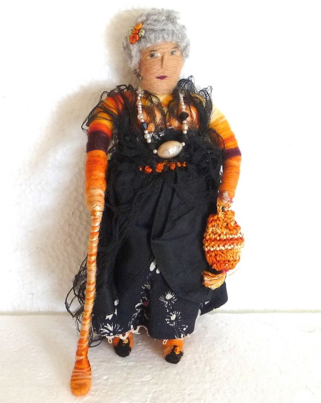 Vtg/Antique? Yarn Wrapped 8" Doll Figurine Collectible Elderly Woman With Cane