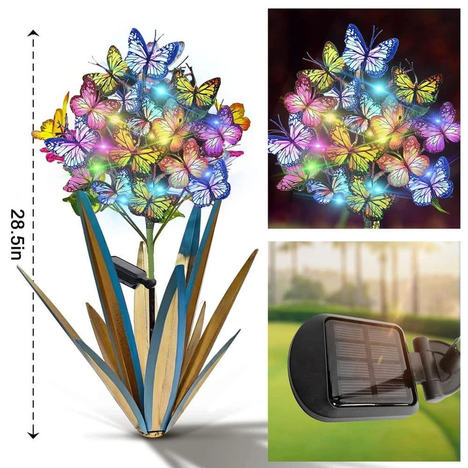 USSolar Metal Agave Butterfly Flower Stick Garden Sculpture (3 Pieces Blue)-0CKQ - Image 3 of 4