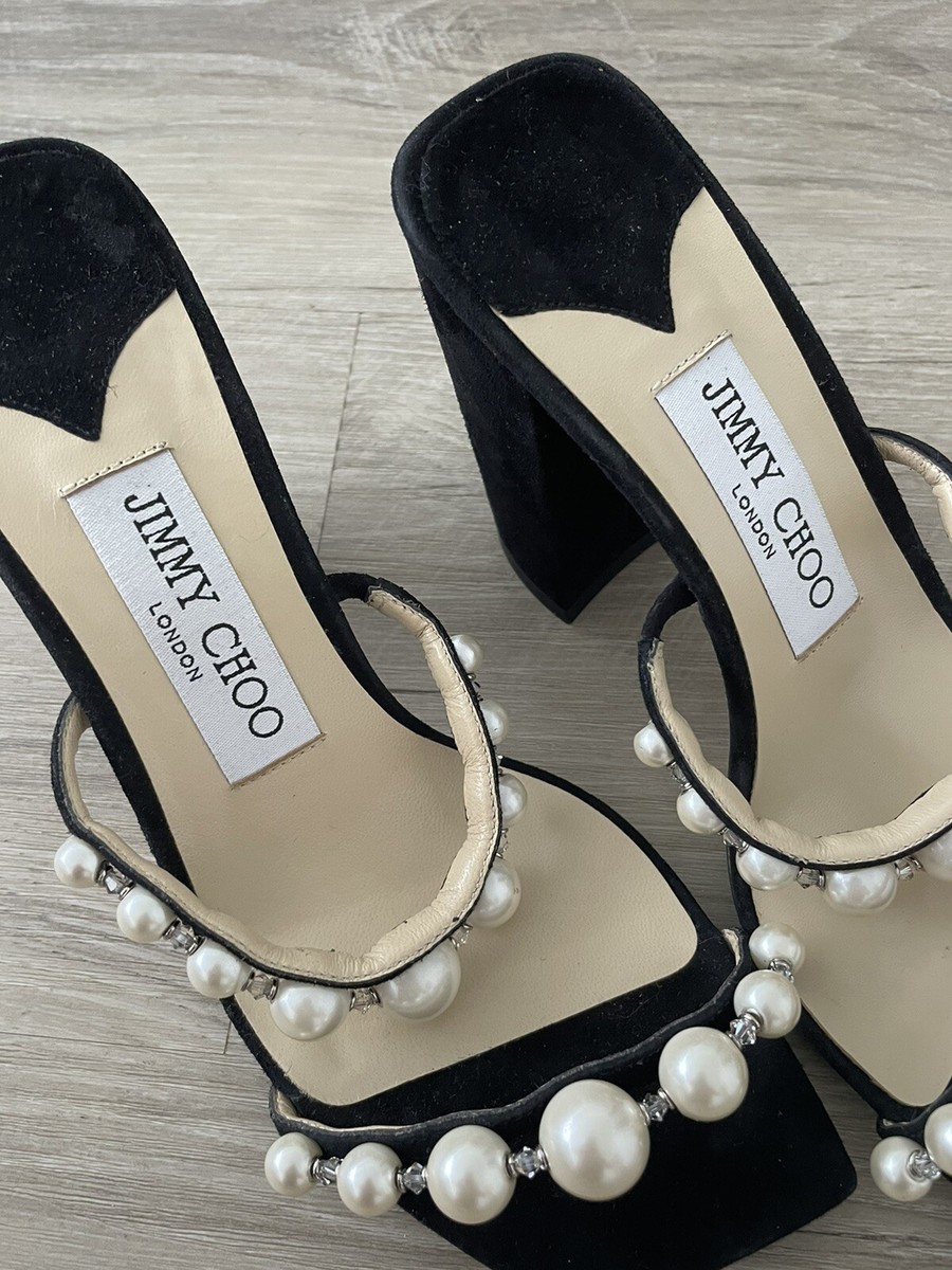 JIMMY CHOO アマラ 85 エンヘリッシュト ミュル 【関税込】 NWT Jimmy Choo Amara 85 Embellished Pearl Black Block Heels