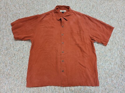 Tommy Bahama Shirt Men XL Orange Silk Hawaiian Button Up Short Sleeve Loop Relax
