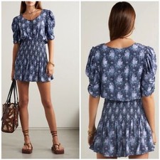LoveShackFancy Brickell Flower Bow Mini Dress In Blue Noir Size XS