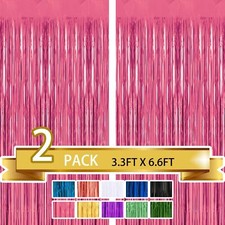 2 Pack Pink Metallic Tinsel Foil Fringe Curtains Party Photo Backdrop Party S...