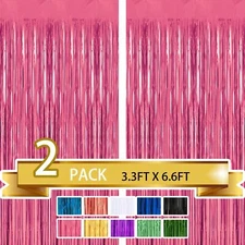 2 Pack Pink Metallic Tinsel Foil Fringe Curtains Party Photo Backdrop Party S...