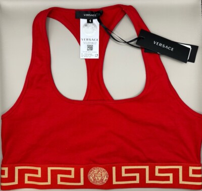 Versace Greca Border Scoop Bralette Medusa Logo Cotton Red & Gold Size 4 Authent