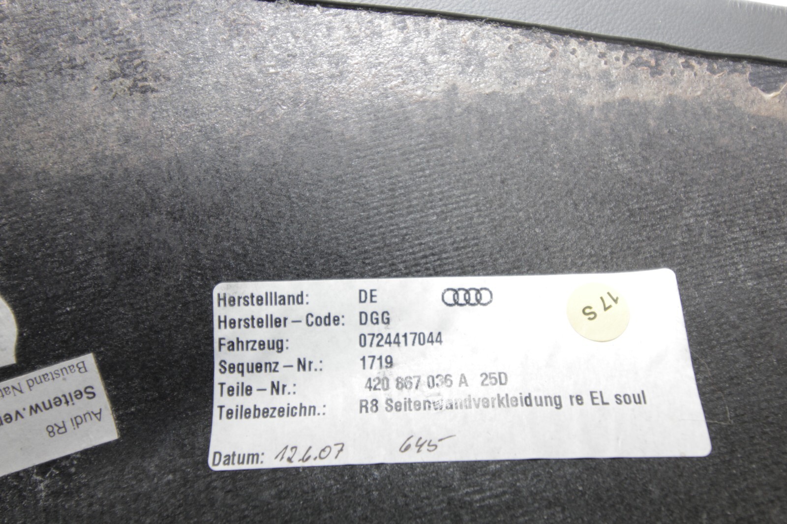 08-13 AUDI R8 4.2L V8 OEM RIGHT PASSENGER REAR SEAT BELT COVER TRIM 420867036A