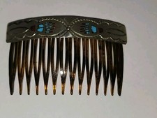 Vintage Navajo Turquoise And Coral Inlay Bear Paw Motif Hair Comb Brunette WCB