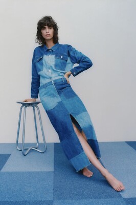 Zara Denim Blue 90's Colour Blocking Patchwork Long Midi Skirt XS