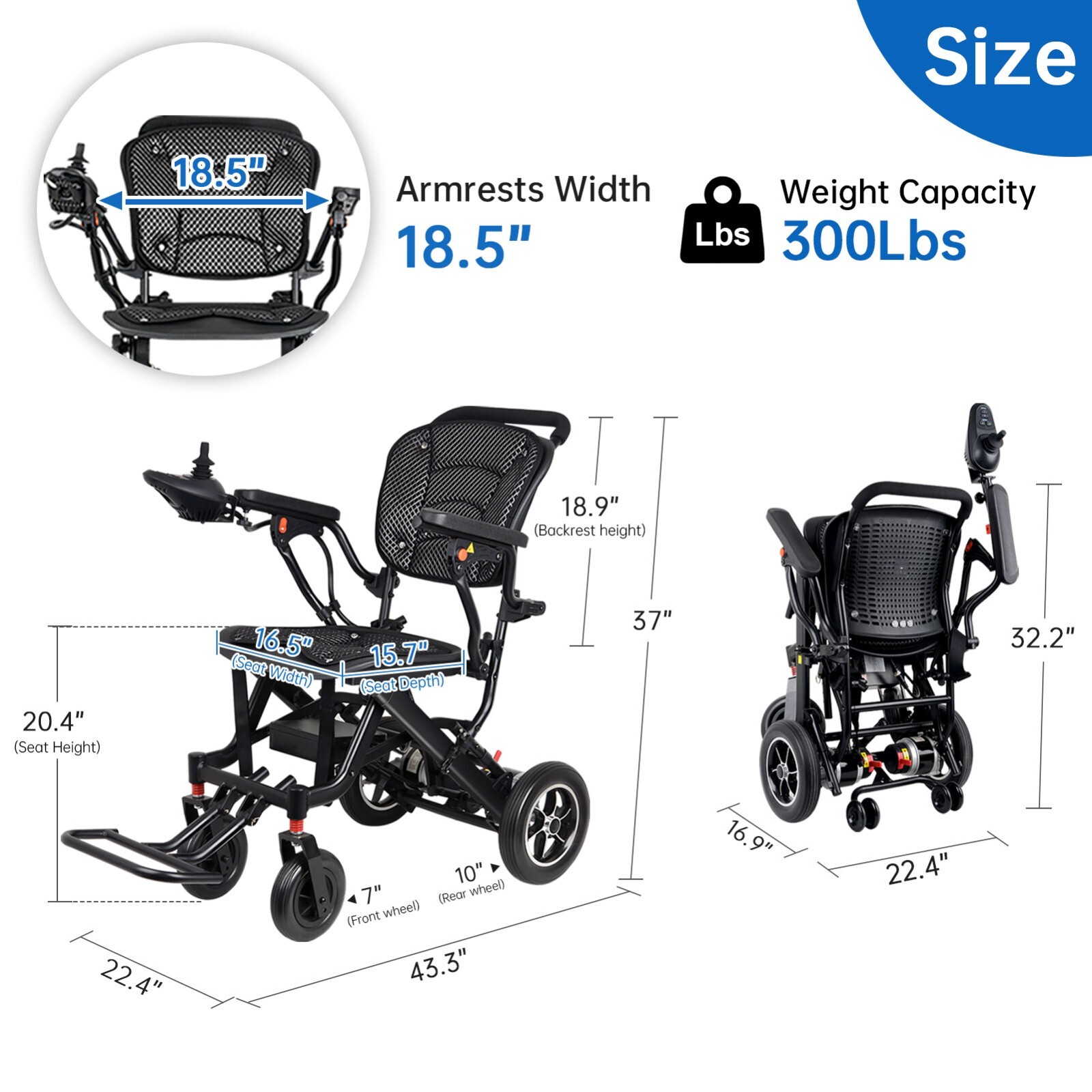 18.5in wide cabin,300lb weight capacity,aviation aluminum alloy power wheelchair