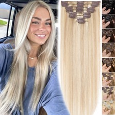 Black Brown 100% Human Hair Clip In Real Remy Hair Extesnions Full Head Long 8ps