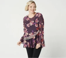LOGO by Lori Goldstein Blouse Womens Medium Sheer Purple Floral QVC A347194 NWOT
