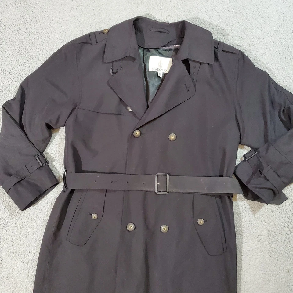 London Fog Trench Coat Mens 38R Black Double Breasted Belted Lined Rain Overcoat - Image 2 of 4