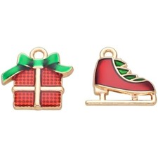 VIDRIO Pack of 80 Christmas Gift and Skates Enamel Charms Gold Plated