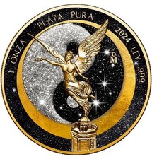 🇺🇸2024 México Libertad Sol y Luna 1oz Moneda Plata Oro con Polvo de Diamante En Caja