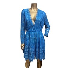 ASOS Women Blue Floral Lace V-Neck Mini Dress Long Sleeve Eyelash Trim Size 14