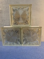 Vintage Architectural Glass Blocks Floral Sunburst Pattern Set of 3 ~ 19x19x8cm
