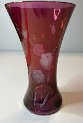 Hand Cut Cranberry Red Glass Vase with Flower Etching Made in Slovakia VTG 5.5 