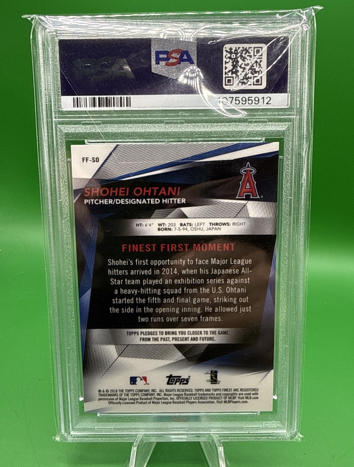 Shohei Ohtani PSA 10 2018 Topps Finest Firsts #FF-SO Rookie RC GEM MINT view 2