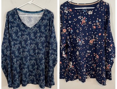 NEW Croft Barrow Tee Shirt top Womens 2X LOT of 2 long sleeve navy blue floral