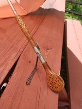 Antique Parasol Umbrella Carved Wood Handle Wrist Chain Peach Color