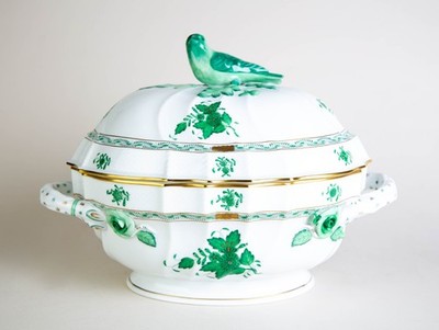 Herend Chinese Bouquet Green Oval Tureen & Lid #1014 Bird Finial Vintage Hungary