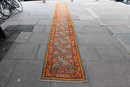 Antique Hand Made Traditional Oriental Wool Turkish Oushak Blue Runner 635x72cm