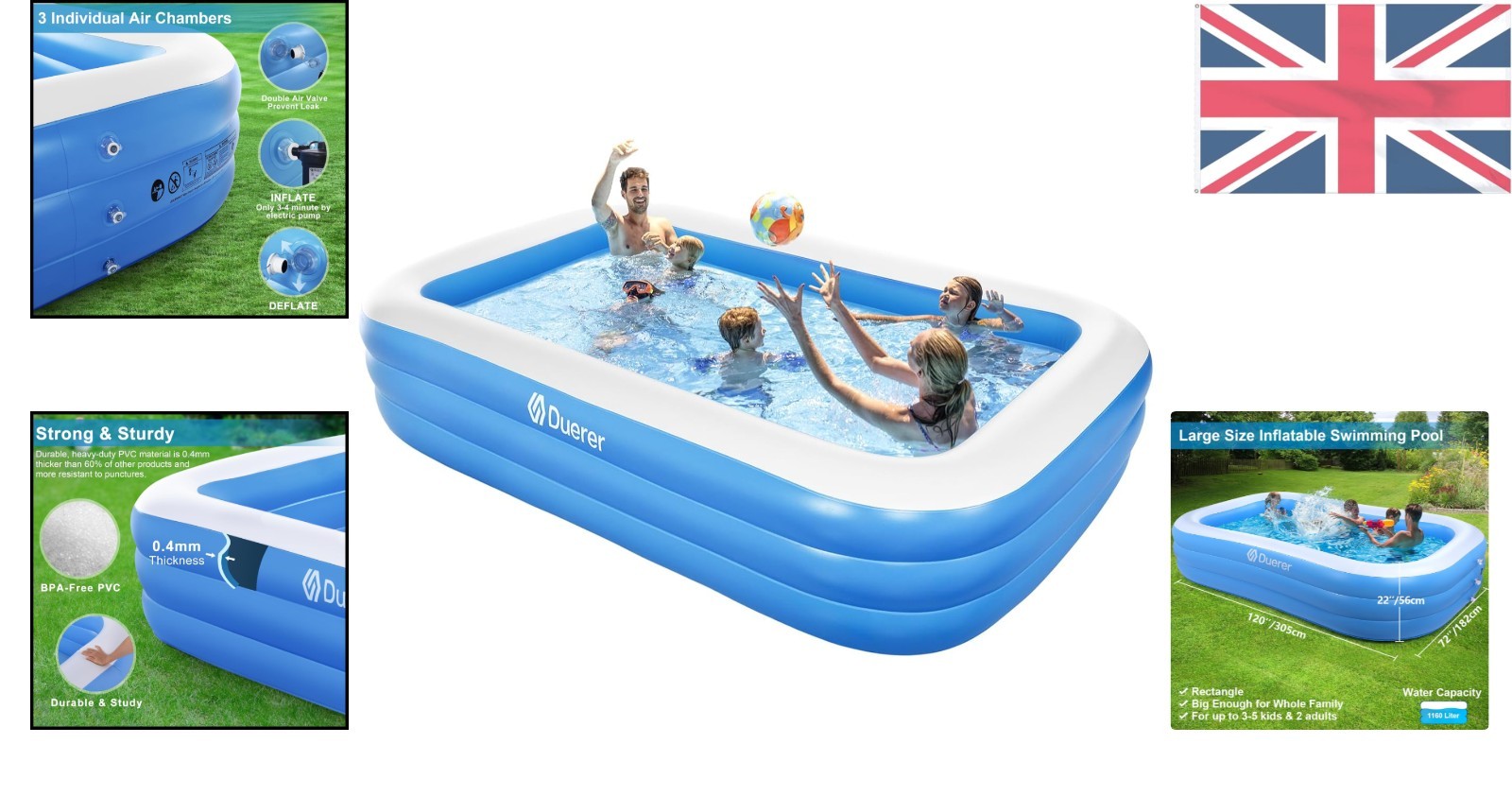 Durable Inflatable Pool 312 Gallons Rectangular for Kids & Adults - Easy Setup