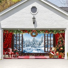 Christmas Garage Door Cover Decorations 16x7ft Backdrop 7x16ft, Red