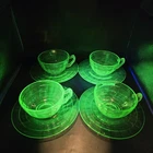 4 Saucers And 4 Cups Anchor Hocking Block Optic Green Depression Glass 6 1/4"
