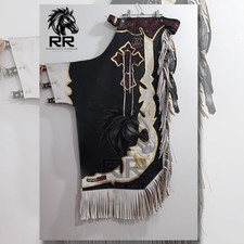 Bull Riding Pro Rodeo Chaps Beige Smooth Leather Skin Black fringes chap