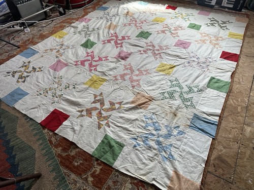 Antique Vintage Pinwheel Patched Quilt Hand Made Quilted Top 74x88.5 - Picture 7 of 13