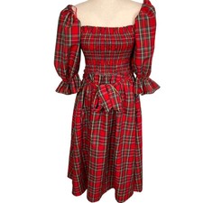 AURA Dress Women Small Red Plaid Smocked Square Puff Midi Holiday Party Xmas
