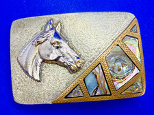 Western Flair Vintage Hand Made Horse Head With Abalone Shell Inlaid Belt Buckle