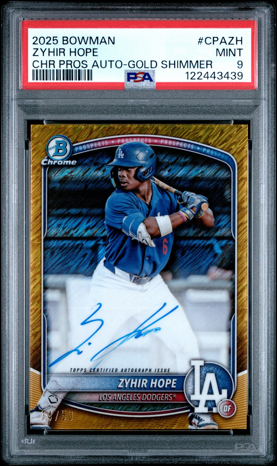 2025 BOWMAN CHROME PRSPCT AUTOS GOLD SHIMMER #CPAZH ZYHIR HOPE 34/50 PSA 9