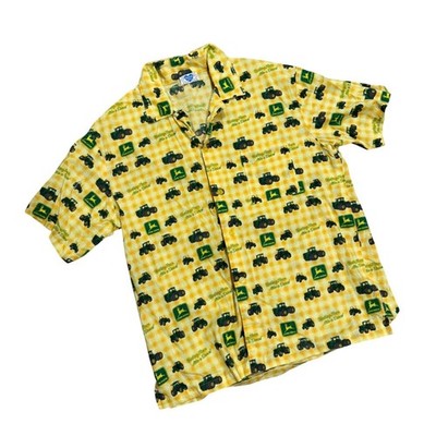 John Deere Mens Handmade Gingham Tractor Print Button Down Shirt XL vintage