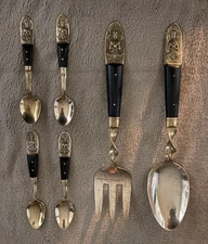 SIAM Brass Spoon & Fork Salad Servers & 4 Sm Appetizer Spoons w/Embossed Buddha