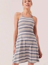 Pact Organic Cotton Striped Fit Flare Dress Gray Pink Strappy Back Pockets L